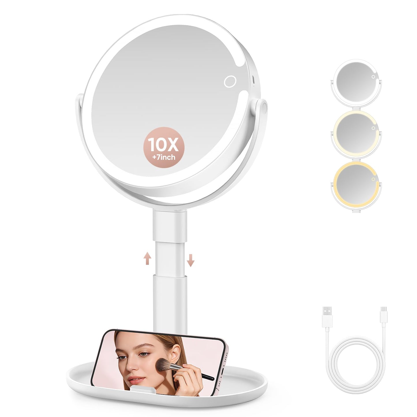 GONOBLE Lighted Makeup Mirror with 10X Magnification, Rechargeable LED Magnifying Vanity Mirror with 3 Lights, Adjustable Height, Storage Base and Phone Holder, White, 7 inch
