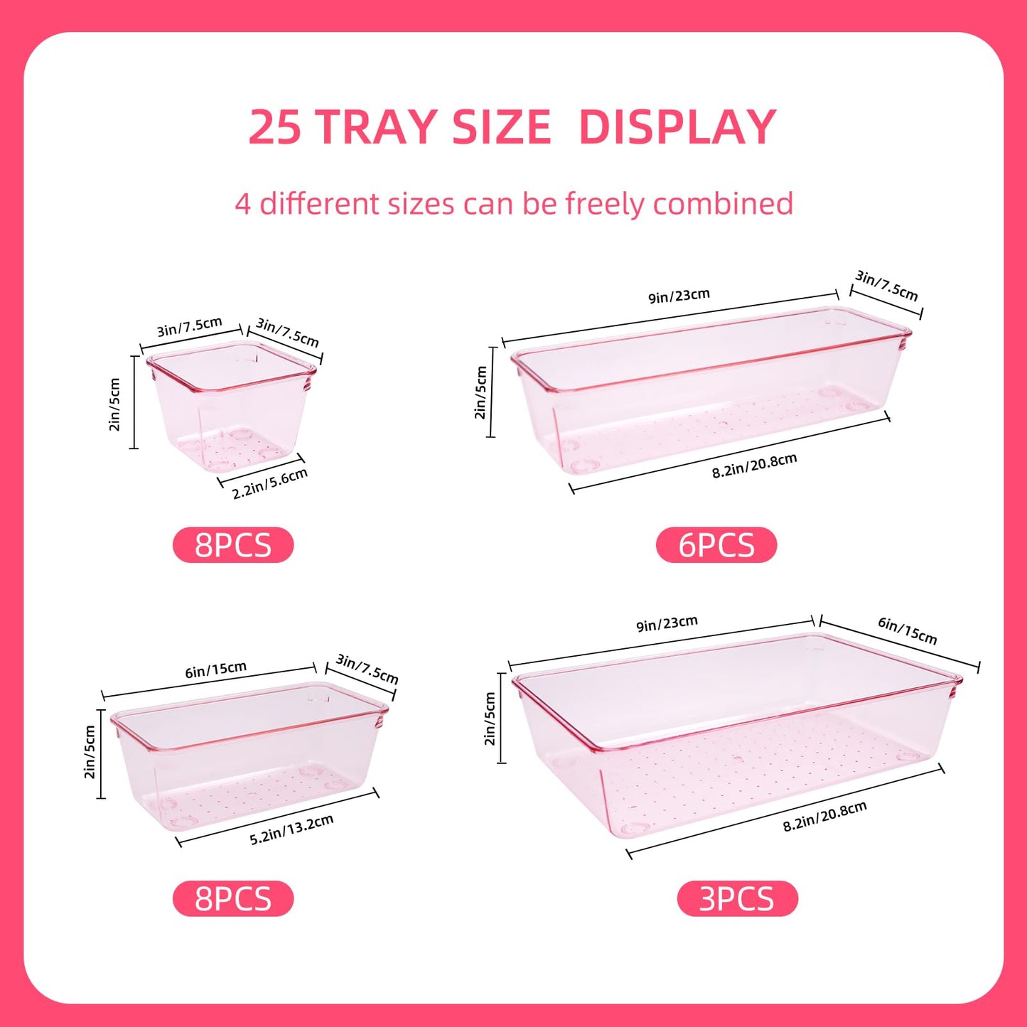 Trotianingyu Kitchen Desk Drawer Organizers Storage for Office, Small Acrylic Vanity Trays Makeup Organizer for Drawer Bathroom Plastic Make up Organizers 25 Pcs Pink