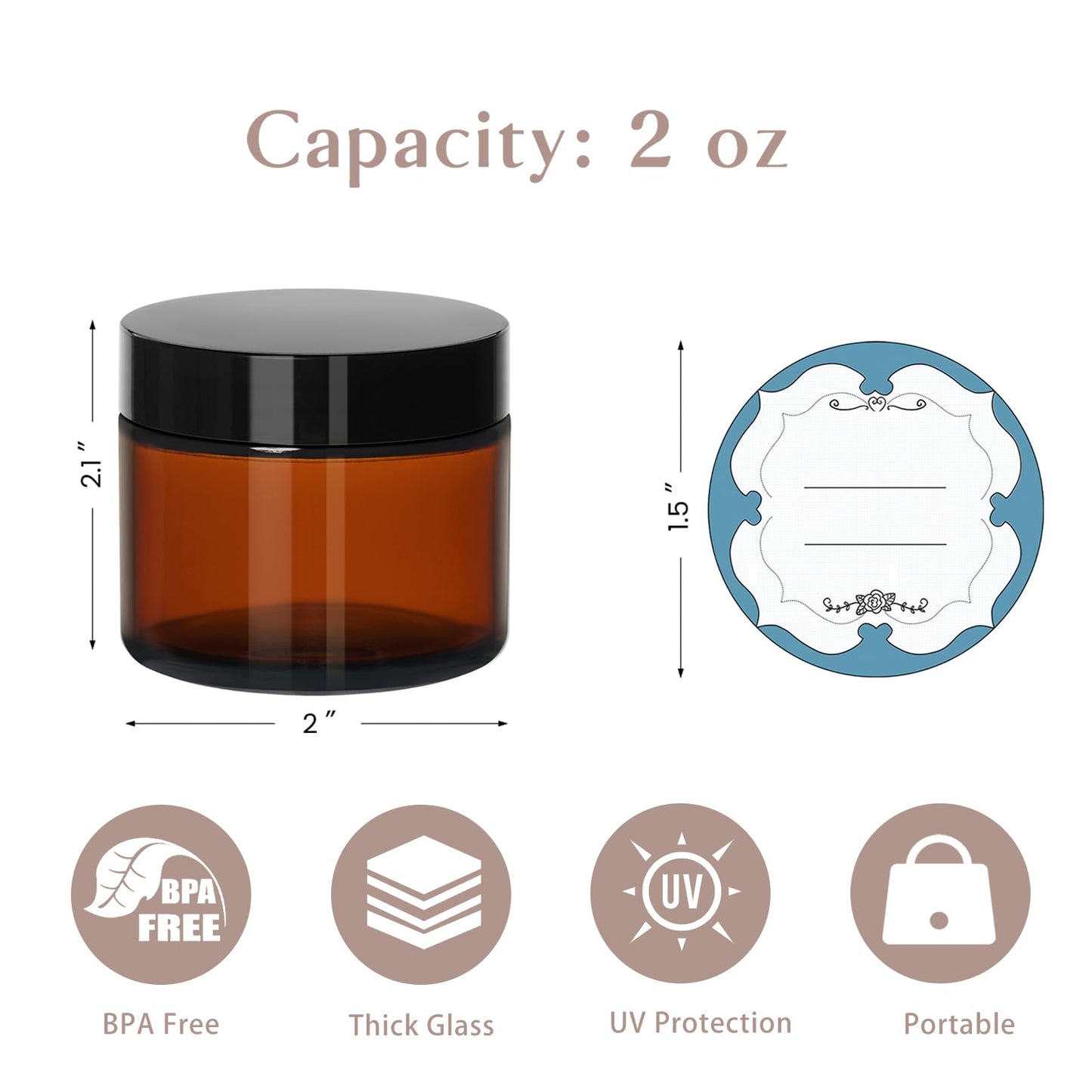Qeirudu 2 Oz Small Glass Jars with Lids, 12 Pack Airtight Amber Cosmetic Jars with Inner Liners Round Empty Travel Sample Containers for Lotions, Creams, Candles, Body Butters