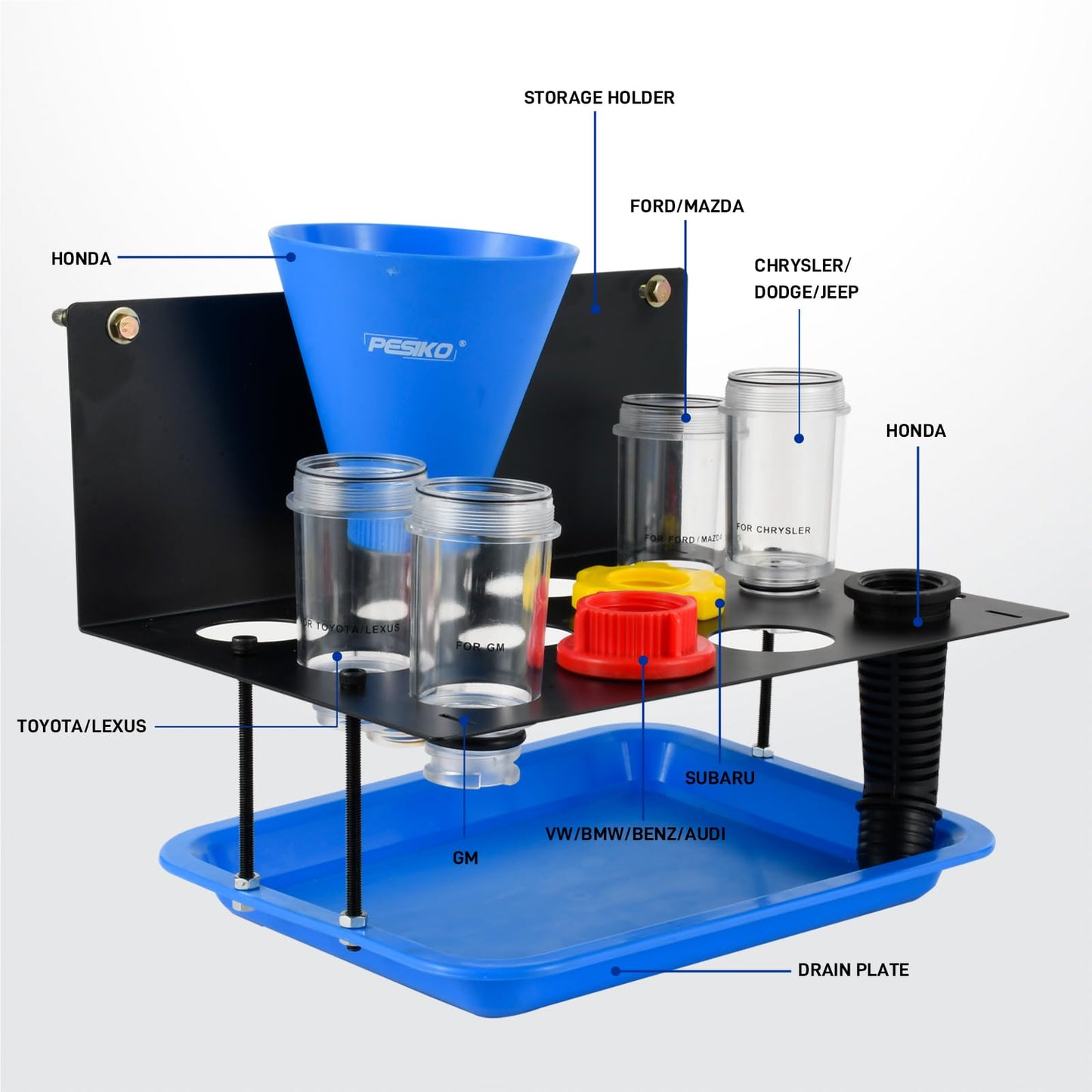PESIKO Engine Oil Funnel Kit, No Spill Oil Change Funnel Kity with A Fixed Metal Storage Shelf Compatible with Toyota, GM, Honda, Subaru, Ford, Jeep and European, Etc