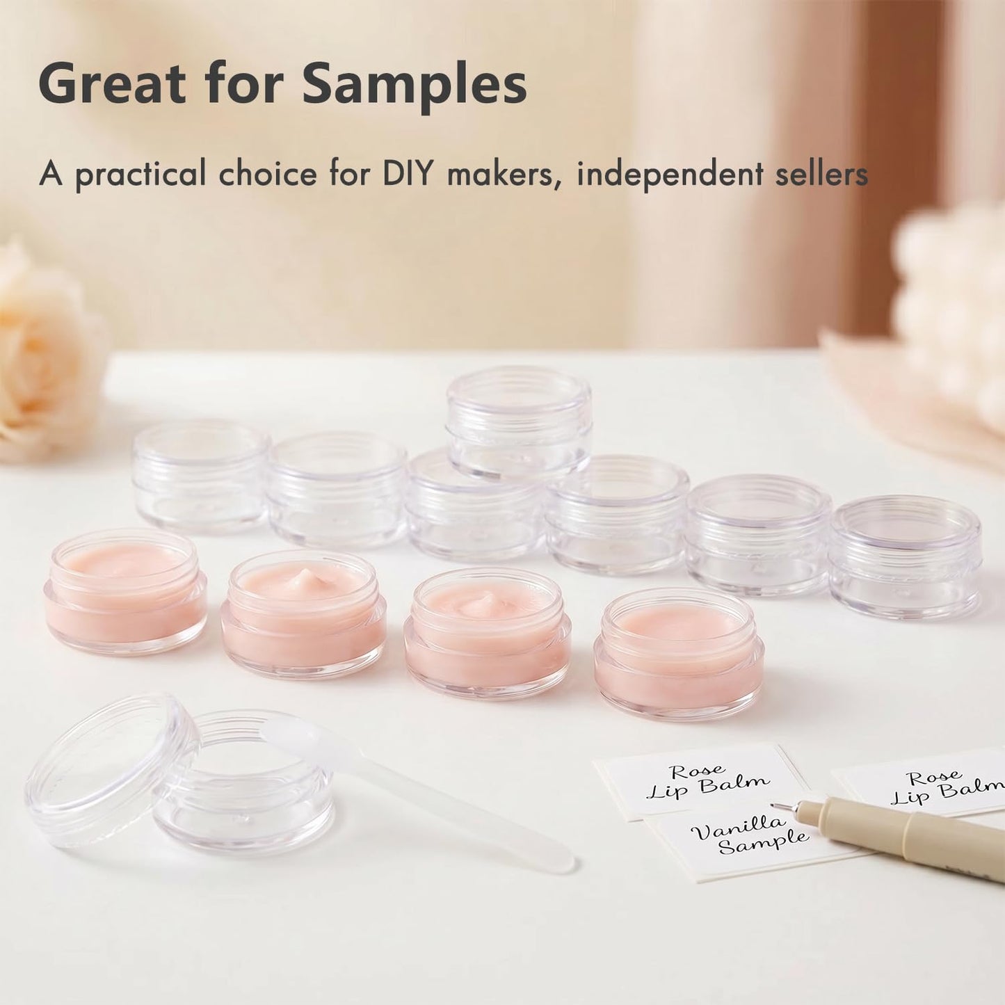 3 Gram Sample Containers with Lids, 100 Count Tiny Sample Jars, Empty Lip Balm Containers, Mini Cosmetic Container with Lids, Makeup Travel Container with Labels, Mini Disposable Spatulas