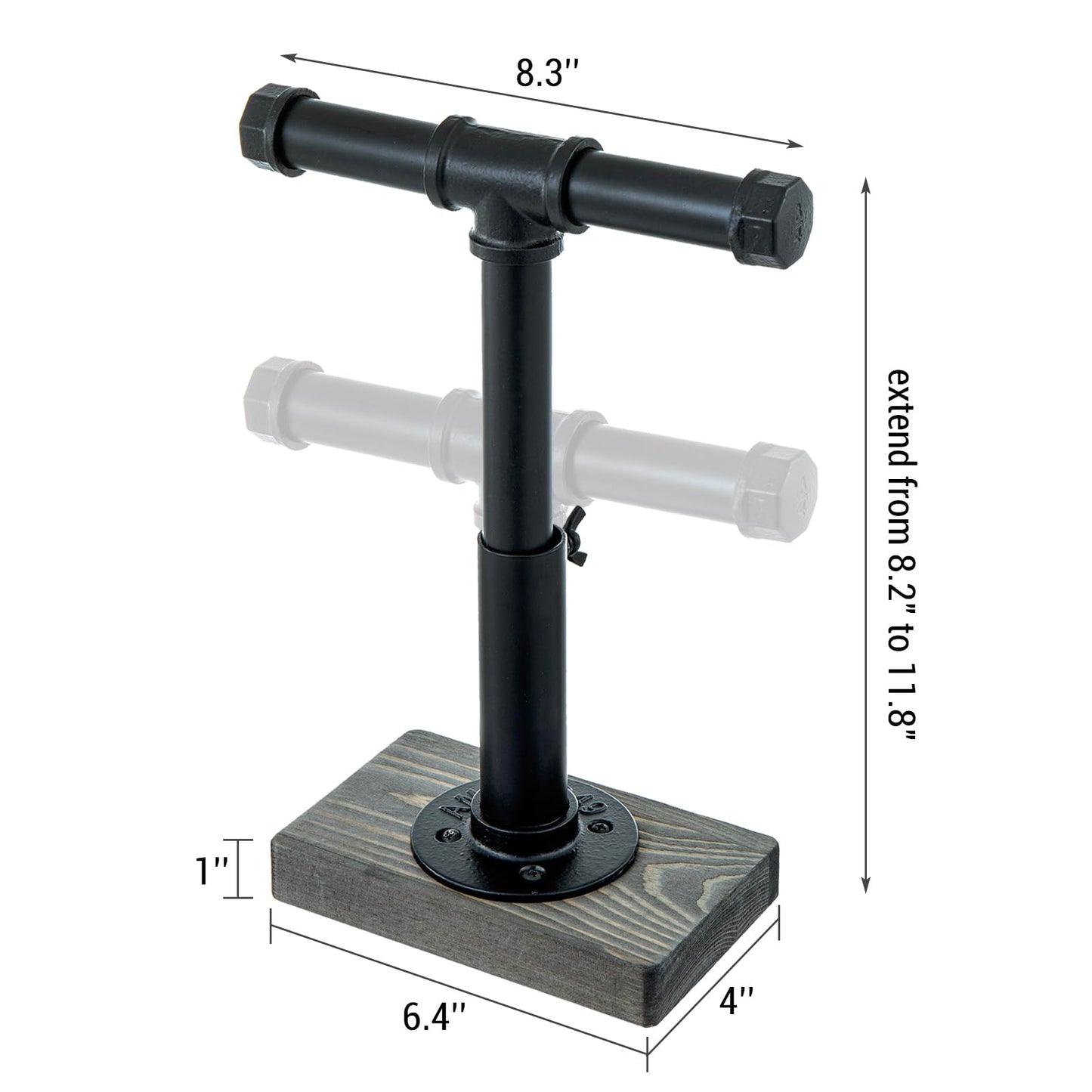 MyGift Adjustable Height Industrial Pipe Organizer Stand - Rustic T-Bar for Jewelry, Headphones, Medals, Kitchen Utensils & Display, Gray Wood Base (Black/Gray, Country Style)