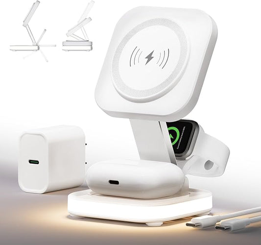 5-in-1 Magnetic Wireless Charging Stand for Apple MagSafe Charger with Night Light for iPhone 17/16/15/14/13/12, Watch, AirPods, Travel Magnetic Charger Nightstand Charging Station (Adapter Included)