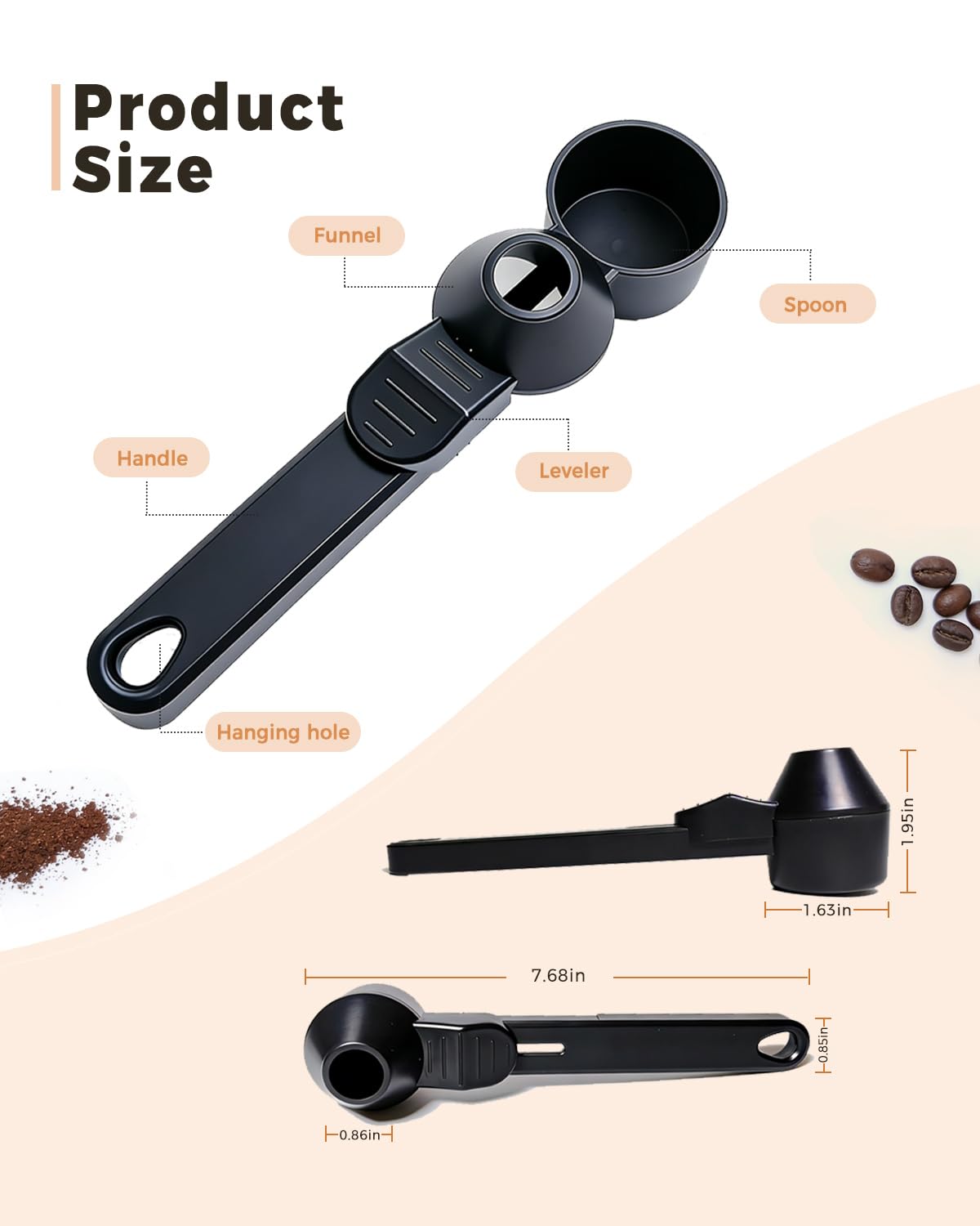2 TBSP No‑Spill Coffee Scoop with Funnel, Mess‑Free Measuring Spoon for Ground Coffee, Protein Powder & Tea, Reusable Coffee Pod Refill, Equipped with Cleaning Brush, Black, 2 Pack