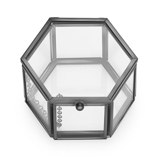 Hipiwe Vintage Glass Jewelry Box - Black Hexagonal Jewelry Display Organizer Keepsake Box Home Decorative Box Case for Trinket Ring Earring Chest, Small