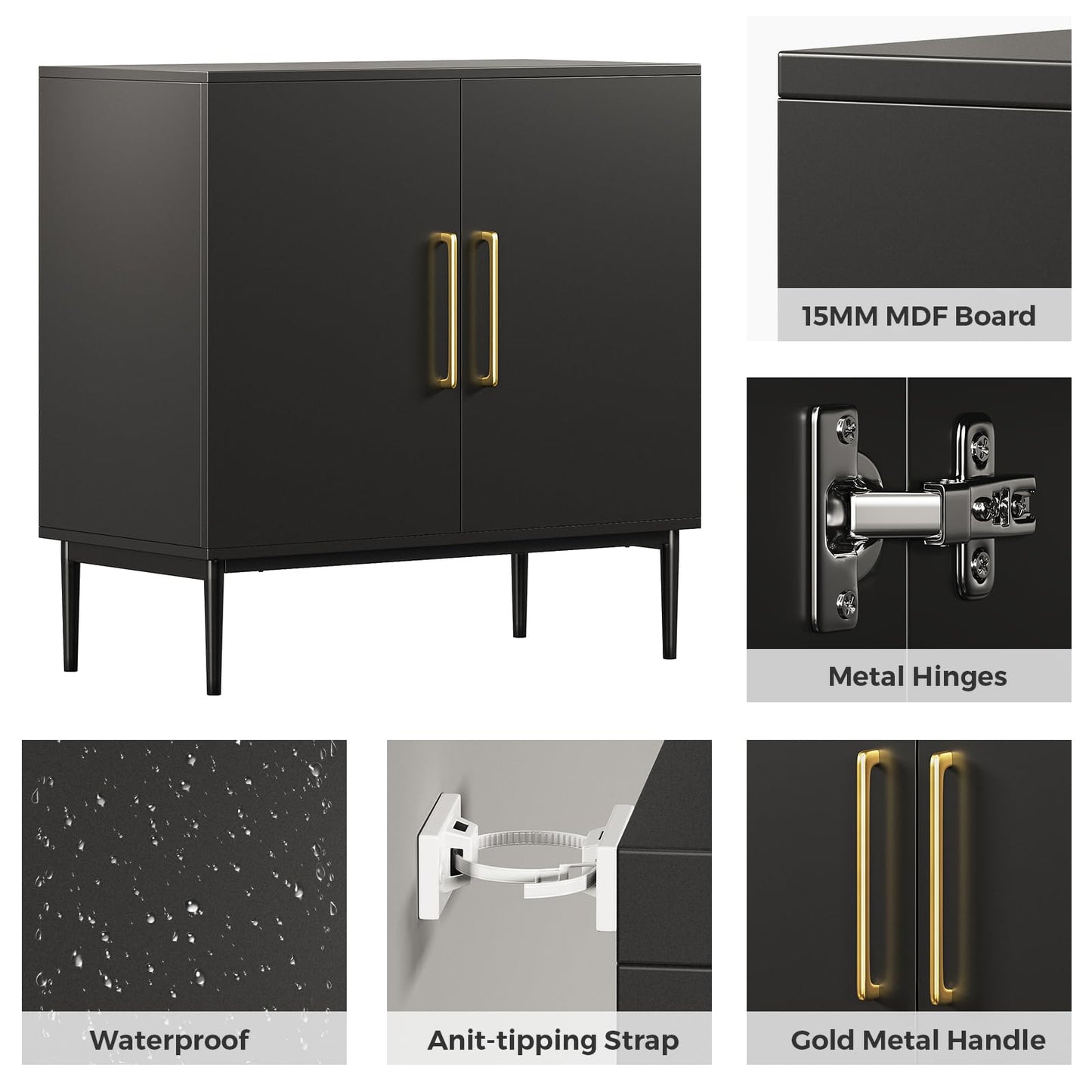 REHOOPEX Black Storage Cabinet with Doors, Modern Accent Cabinet, Free Standing Cabinet with Adjustable Shelf, Wooden Buffet Sideboards for Living Room, Kitchen, Dining Room, Entryway