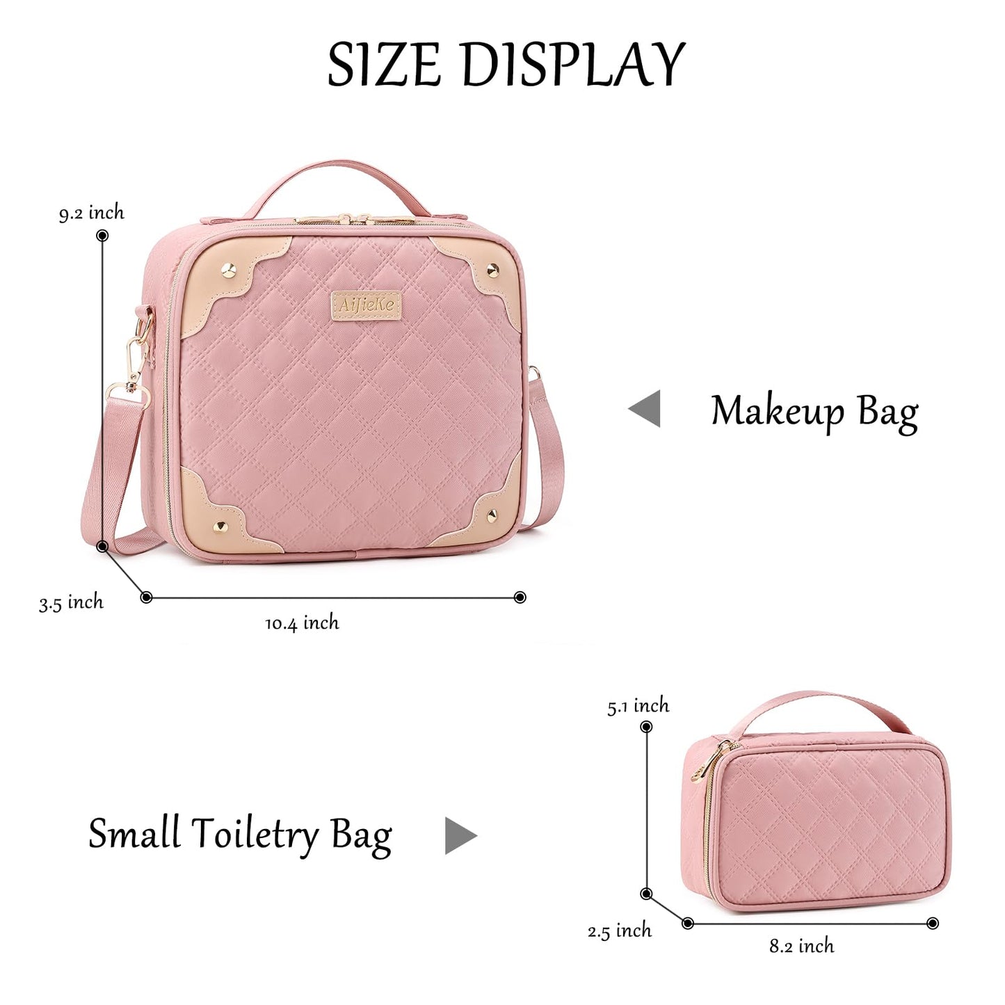 AIJIEKE Large Travel Makeup Bag with Compartments, Waterproof Cosmetic Case Organizer for Women, Portable Train Case Makeup Box with Removable Dividers, Shoulder Strap & Small Toiletry Bag, Pink