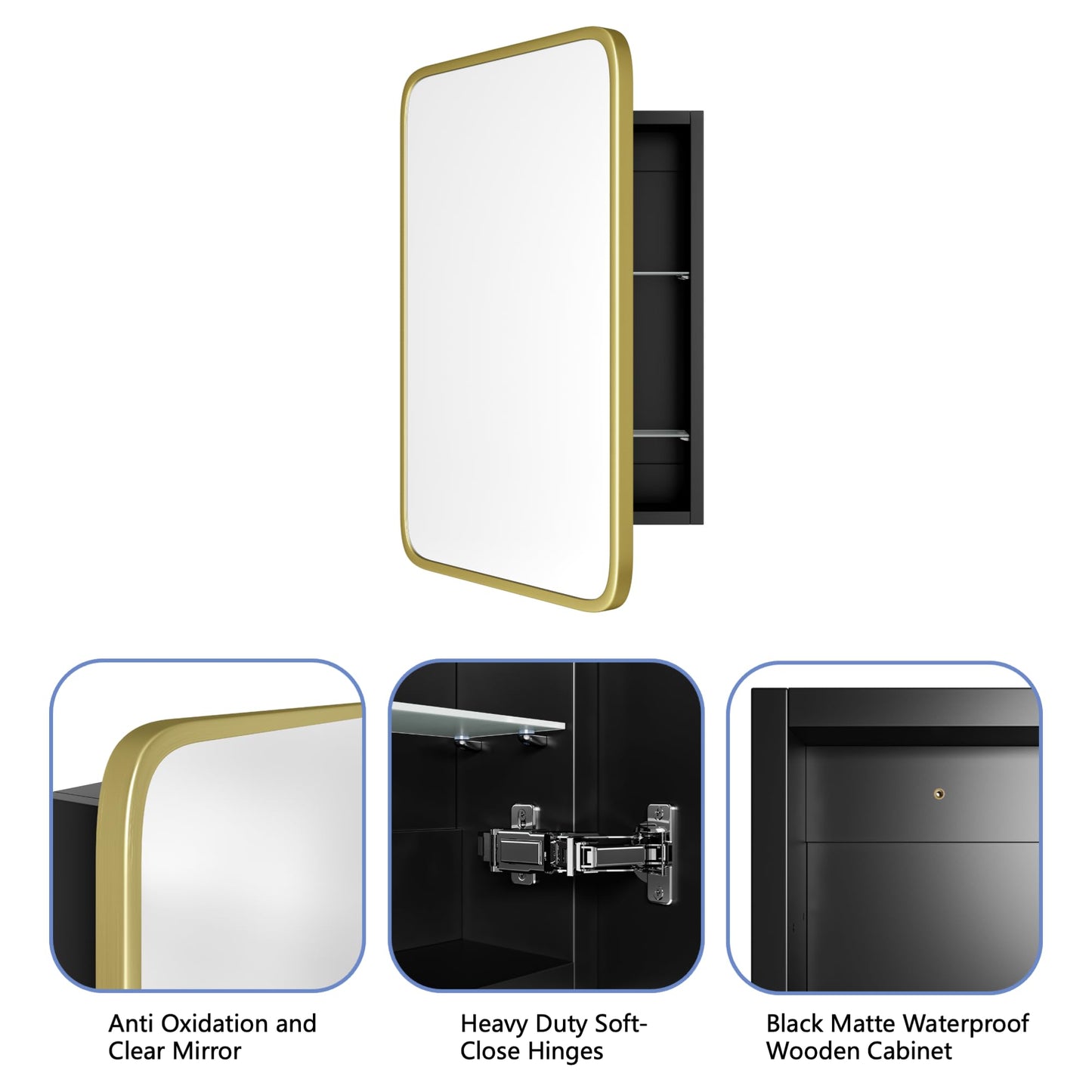 AGDULL Vintage-Style Bathroom Medicine Cabinet, Surface Mount or Recessed, Wood Wall Cabinet with Brushed Gold Metal Frame Curved Mirror, Overall 16.5" W x 24" H