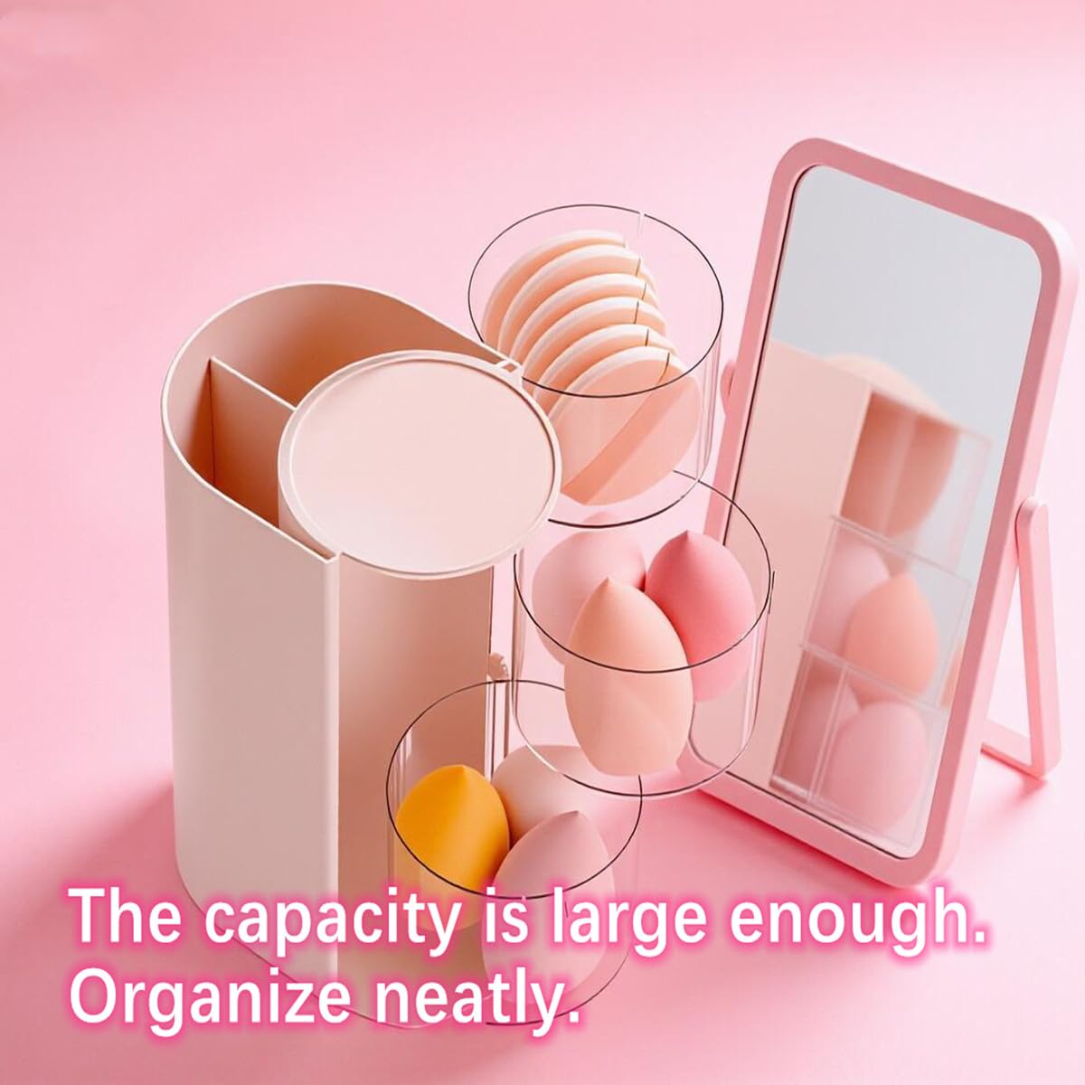 AISIBO 3-Tier Clear Hair Accessories Organizer with Hair Brush Holder, Rotatable Small Jewelry Storage Box for Necklaces, Earring, Ring, Bracelet, Makeup Sponge, Hair Bow Clip (Pink, 3-Layer)