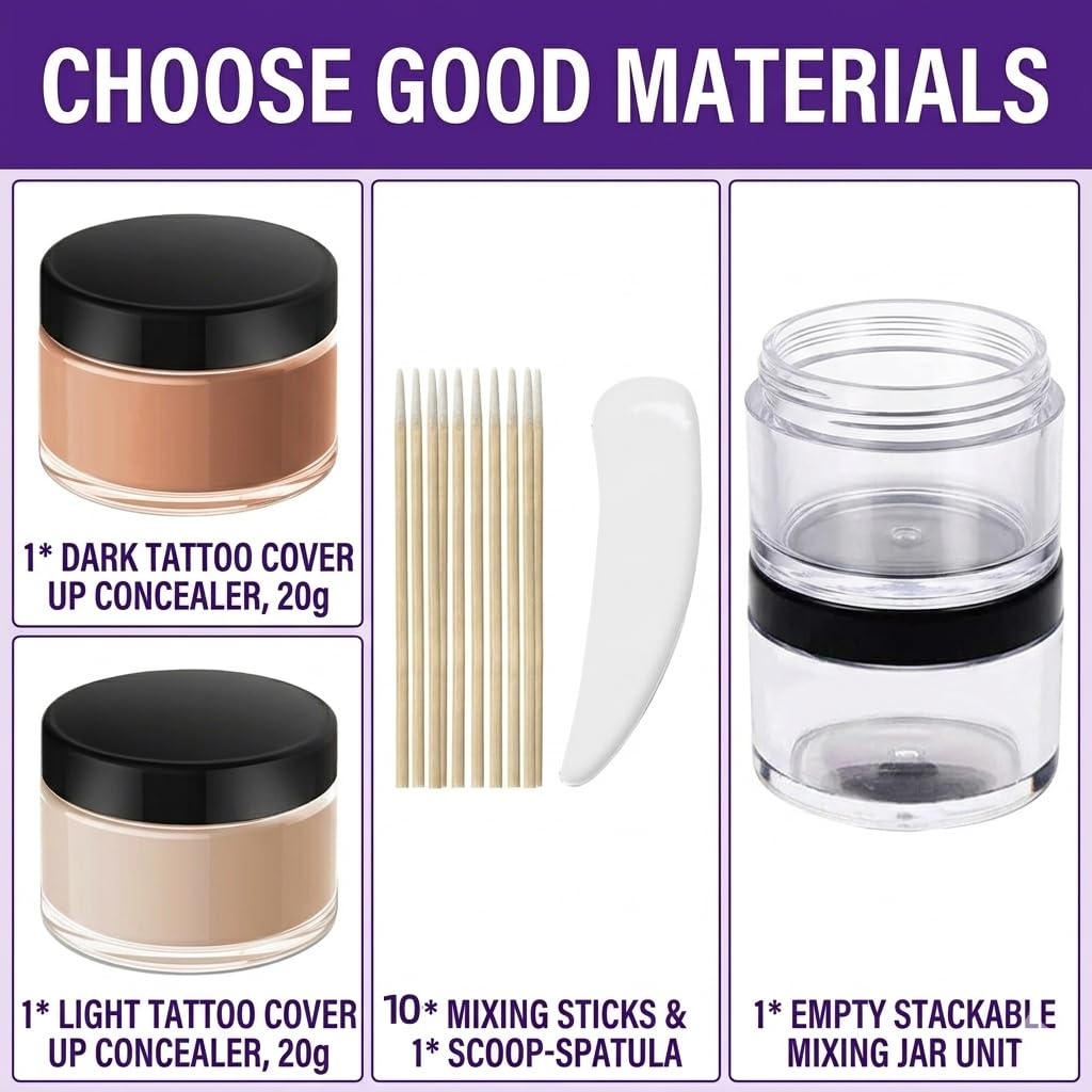 Tattoo Cover Up Makeup Waterproof, 2 Color Professional Skin Concealer for Tattoos Scars and Blemishes, Dark and Light Tone Color Mixing Kit, Long Lasting Camouflage Cosmetics