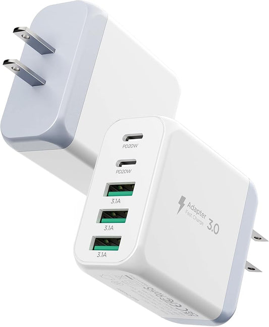 USB C Charger Block,50W 5-Port Fast Wall Charger,Dual Type-C & USB-A Multiport Charging Cube for iPhone 17/16/15/14/13 Pro Max,iPad,Samsung Galaxy–2 Pack,White