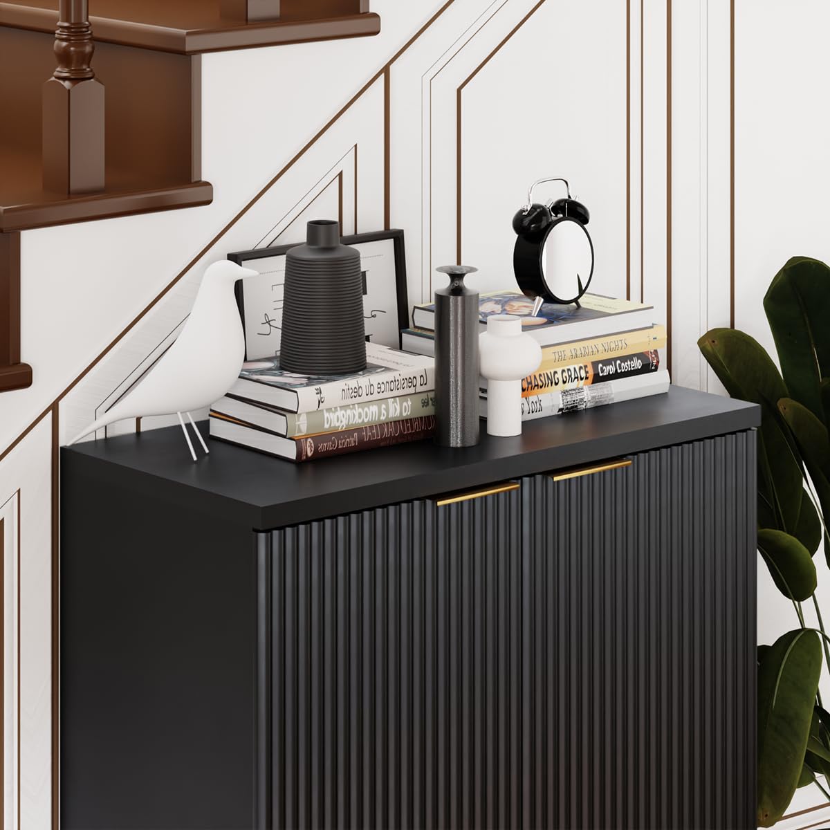 Trygoal Wood Fluted Sideboard with 2 Doors, Modern Buffet Cabinet with Shelves, Multi-Space Storage Credenza Kitchen for Entryway, Dining & Living Room, Black