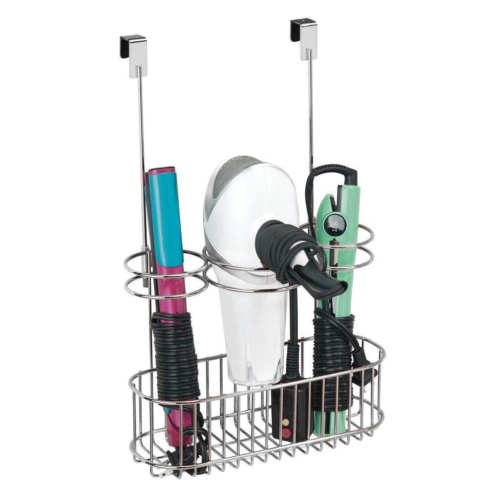 mDesign Over-Cabinet Hair Care Tools Holder for Hair Dryer, Flat Iron, Curling Wand, Straightener - Chrome
