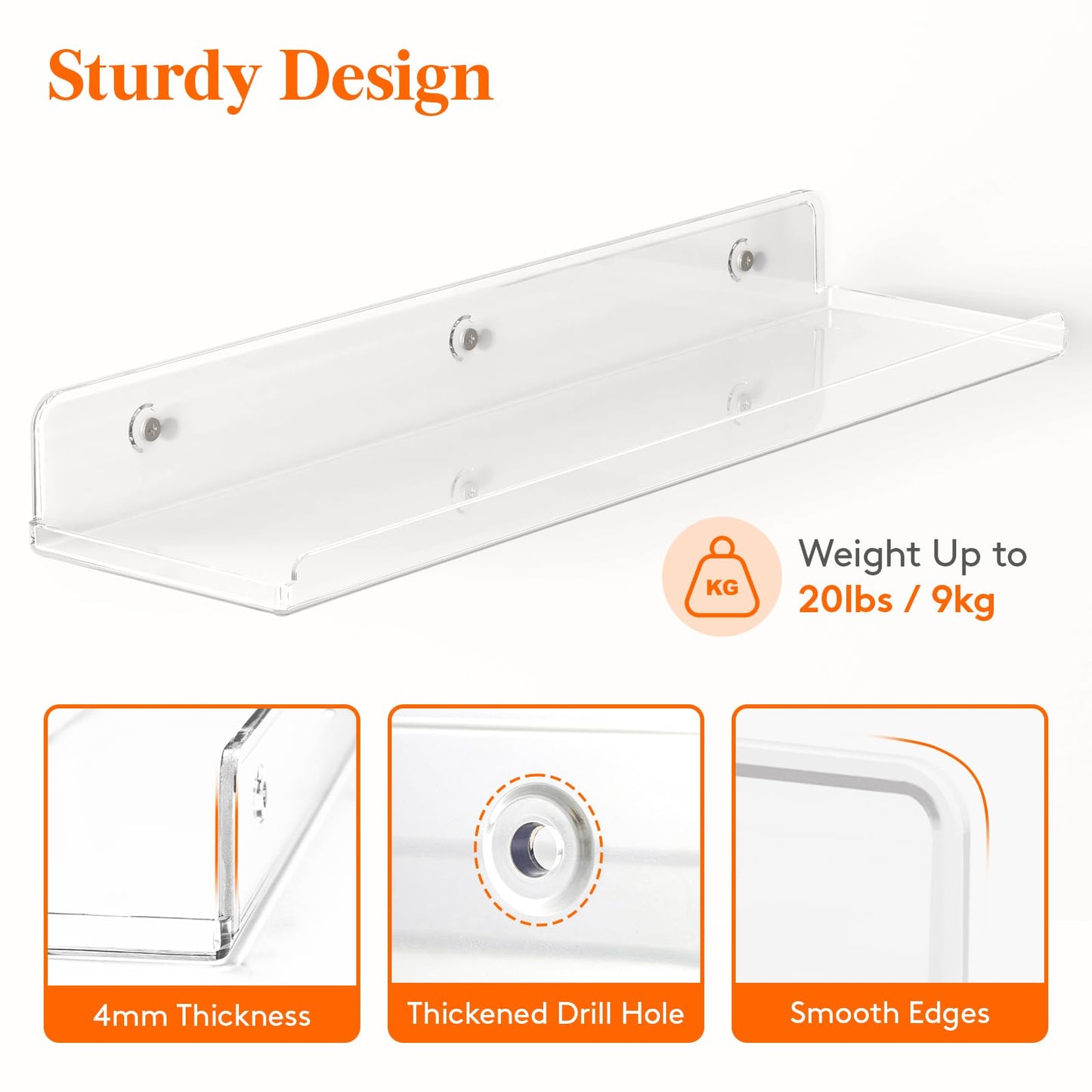 Lifewit Floating Shelves for Bathroom, Acrylic Display Shelf Wall Mounted for Makeup, Skincare, Nail Polish, Book, 14" Perfume Organizer for Bedroom, Living Room, Nursery, Home Decor, Clear, 4 Pack