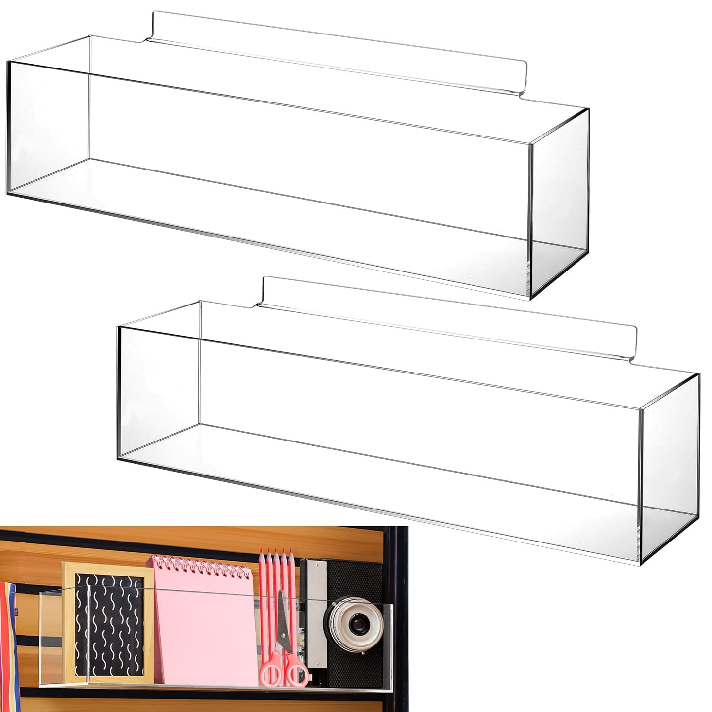 Teenyyou 2 Pcs Acrylic Wall Storage Bins 16 x 4 x 4 Inch Clear Storage Organizer Bins Transparent Display Trays for Retail Store Countertop Desk Office Garage Organization(1 Compartment)
