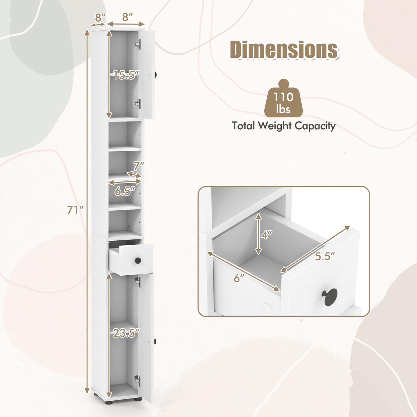 Giantex Slim Bathroom Storage Cabinet - 71” Tall Narrow Floor Cabinet Cupboard with 2 Doors, 5 Adjustable Shelves, 1 Drawer, Anti-Tipping Device, Thin Linen Tower Cabinet for Living Room (1, White)