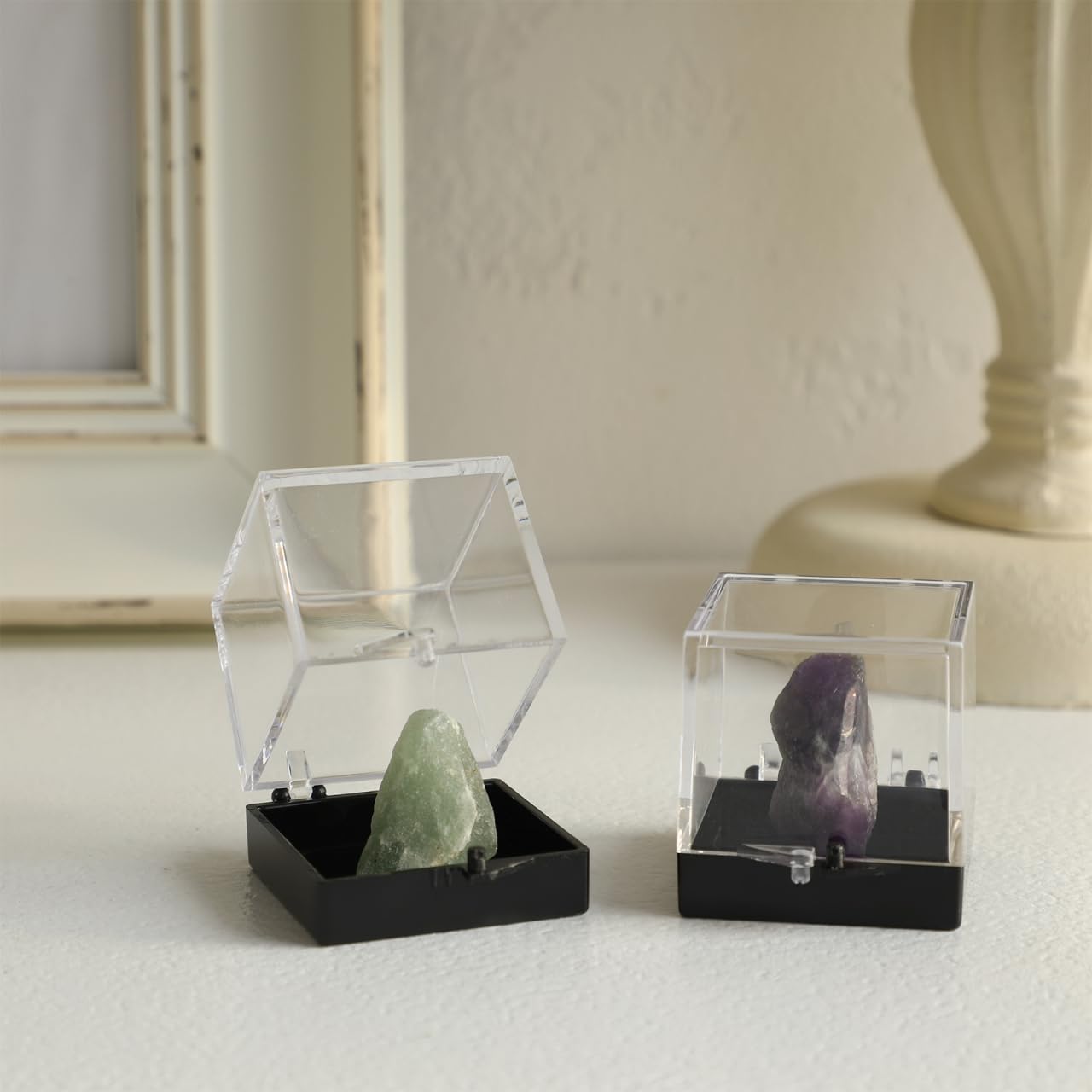 12Pcs Clear Plastic Mineral Specimen Storage Boxes with Lids Square 1.37 Inch Acrylic Display Cases for Rock Collection and Crystal Specimen Display