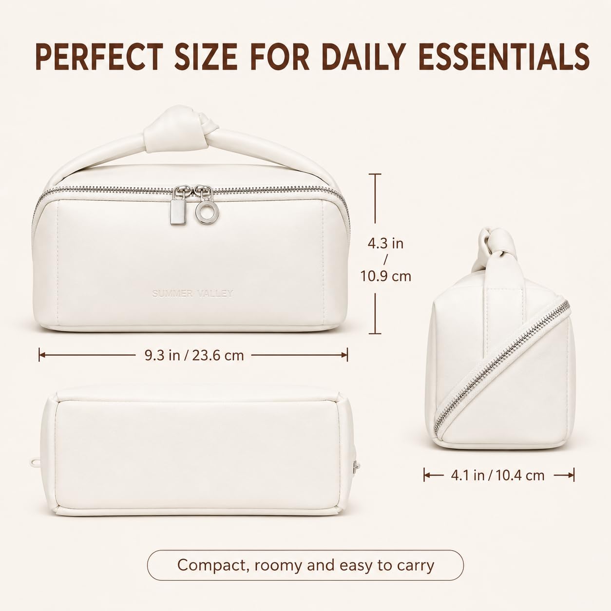 YDR Large Capacity Makeup Bag for Women, Wide Open PU Leather Travel Cosmetic Organizer with Brush Holder, Portable Toiletry Bag for Skincare, White