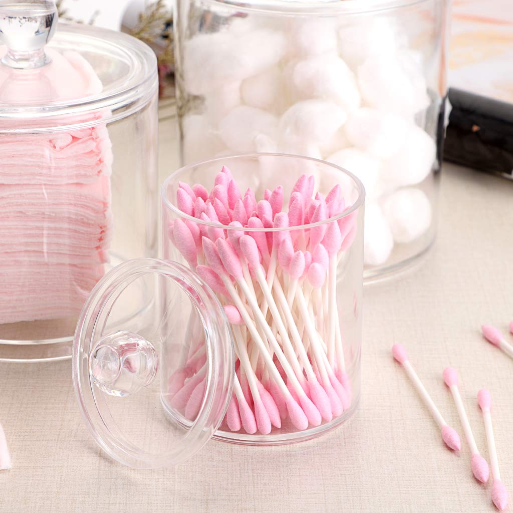 Hipiwe Set of 3 Cotton Ball and Swab Organizer With Lid - Apothecary Acrylic Jar Makeup Organizer, Q-Tips Holder, Bathroom Vanity Storage Canister for Rounds and Pads