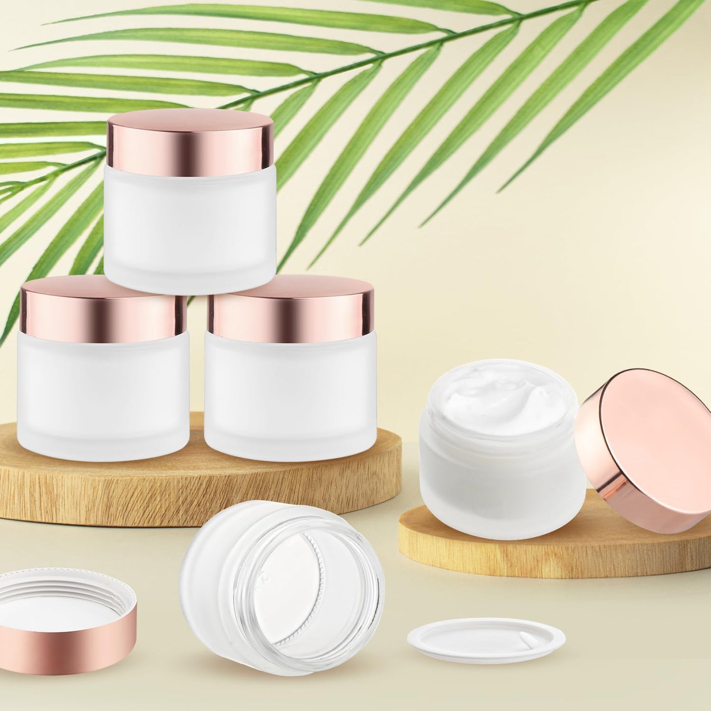 12 Pcs 60g/2oz Glass Cosmetic Jars Refillable Cream Bottle Containers Empty Sample Vials Jar with Rose Gold Lid for Eye Cream Lotion Ointments Lip Balm Scrub - Frosted