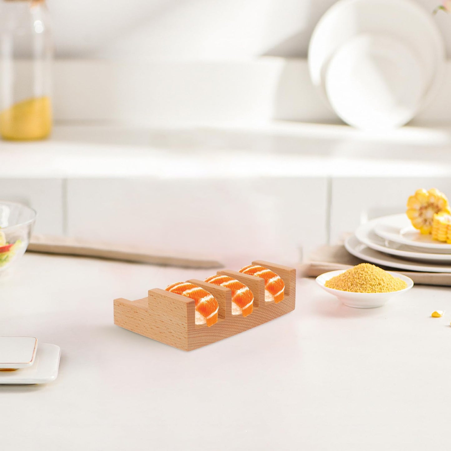 Garneck Wooden Sushi Hand Roll Holder 2-Pack 3-Compartment Sushi Roll Display Rack for Kitchen Restaurant Serving Stand
