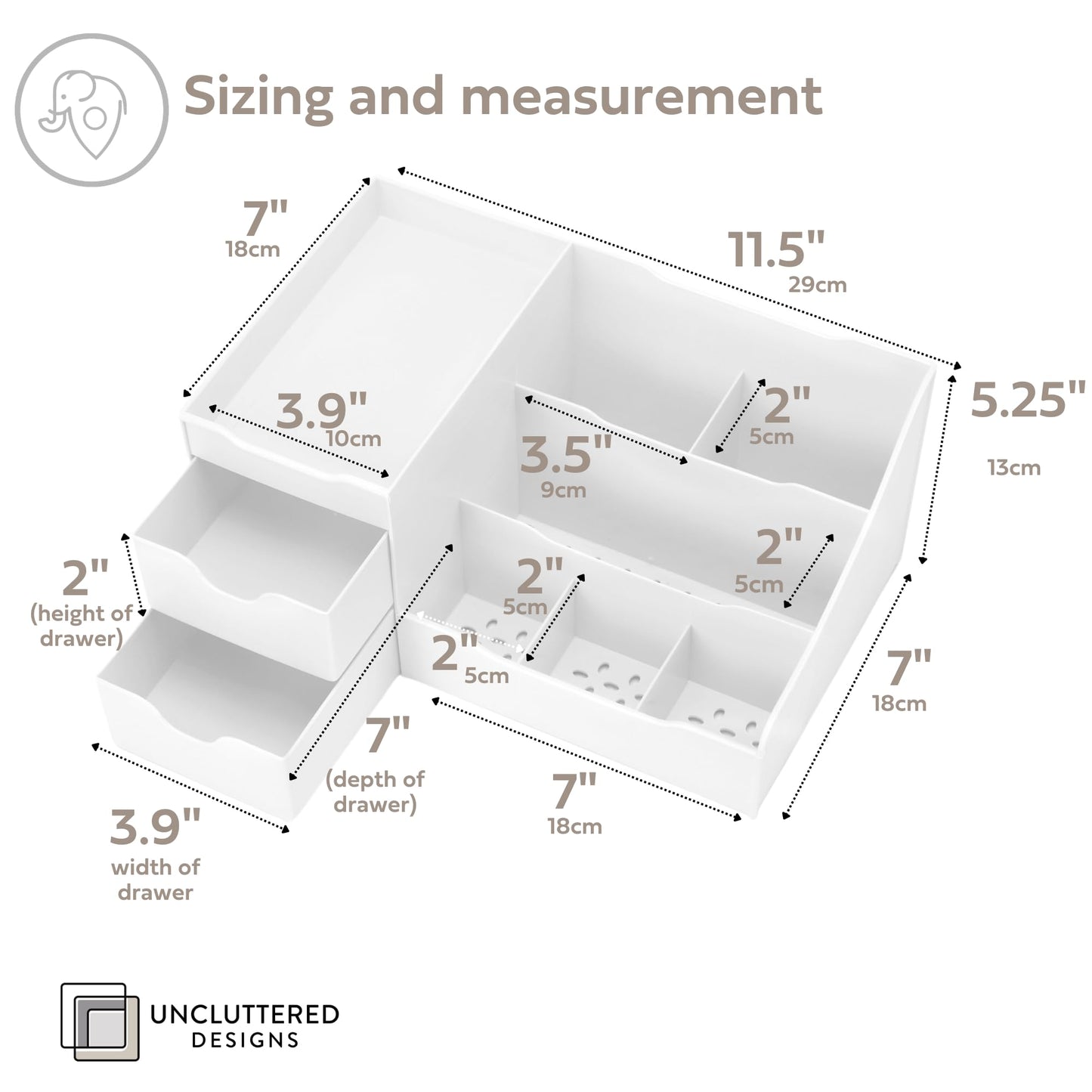 Uncluttered Designs Large Makeup Organizer for Vanity - Countertop Desk With Drawers for Cosmetic, Beauty, Hair, Nail, Perfume & Skincare - Perfect for Bathroom & Bedroom Storage (White)