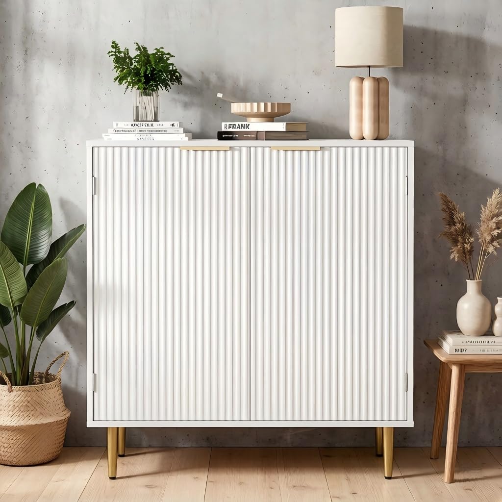 Housoul Fluted Cabinet with Storage, 2 Doors Sideboard Buffet, Modern Accent Cabinet with Adjustable Shelves, Entryway Cabinet for Dining Room, Living Room, Kitchen, White