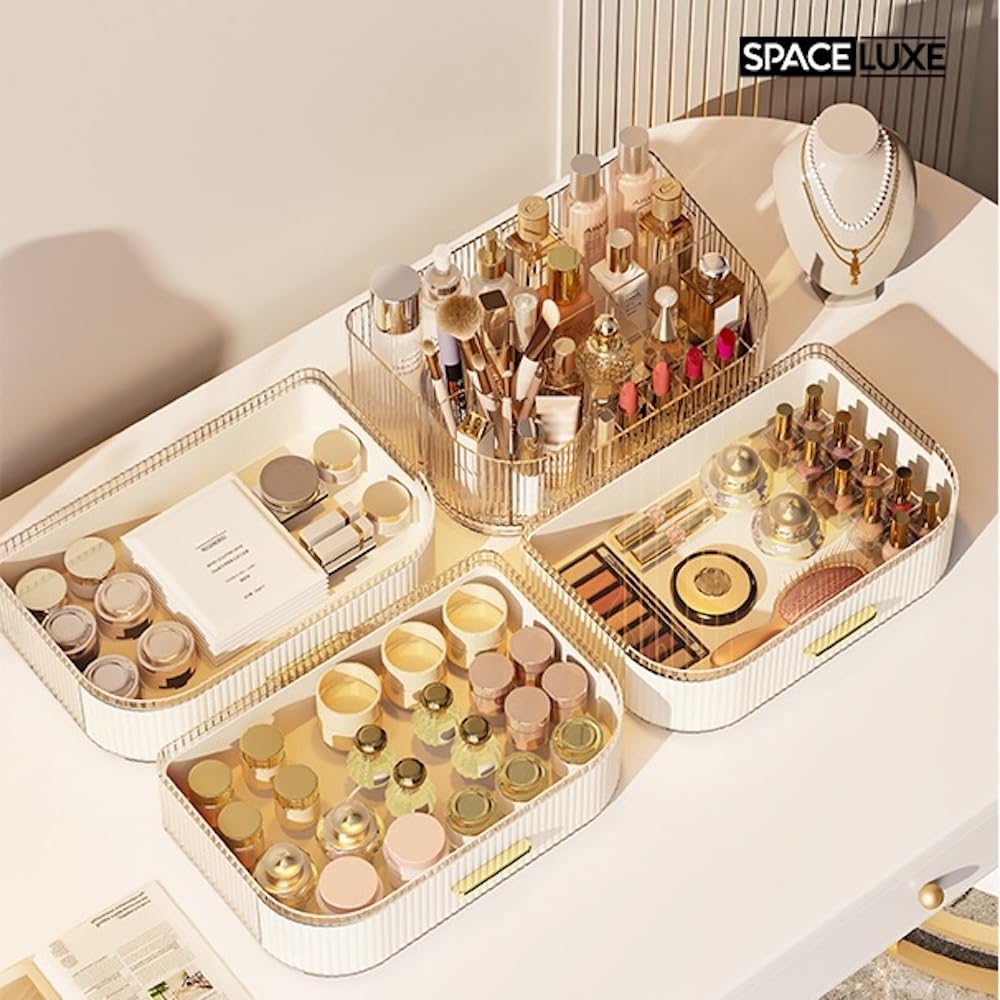SpaceLuxe Makeup Organizer with Drawers and 360° Rotating Brush Holder, Large Capacity Cosmetic Storage for Vanity, Skincare, Perfume, Hair Accessories, Lipstick & Jewelry (Cream White, 2-layer)