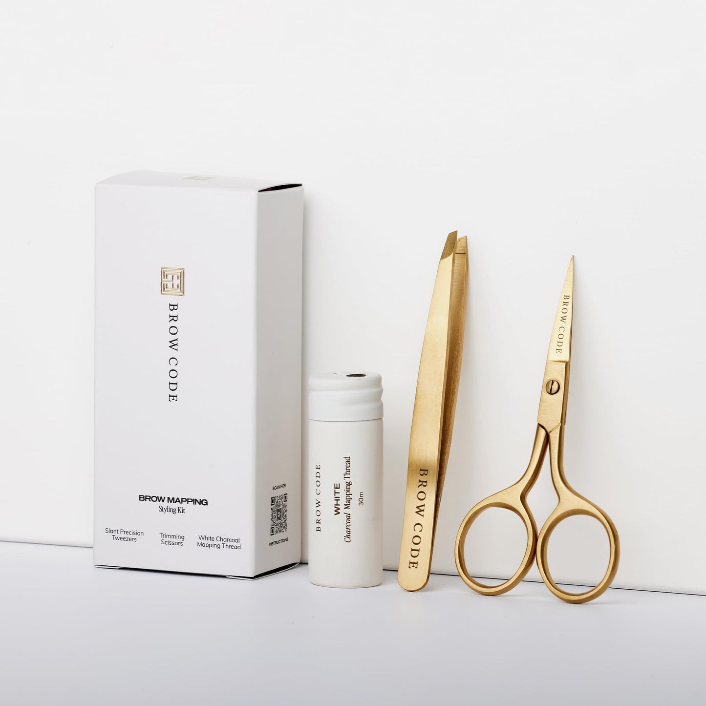 Brow Code Brow Mapping Kit – White Charcoal Mapping Thread, Slant Tweezers & Trimming Scissors – Professional Brow Shaping & Symmetry Tool Set