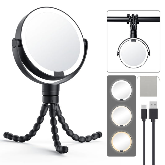 Gospire 5.85” Tripod Travel Makeup Mirror with Lights and Magnification 1X/10X, 4 in 1 Winding Hanging Handheld Tabletop, 3 Light Colors and Adjustable Brightness – Black