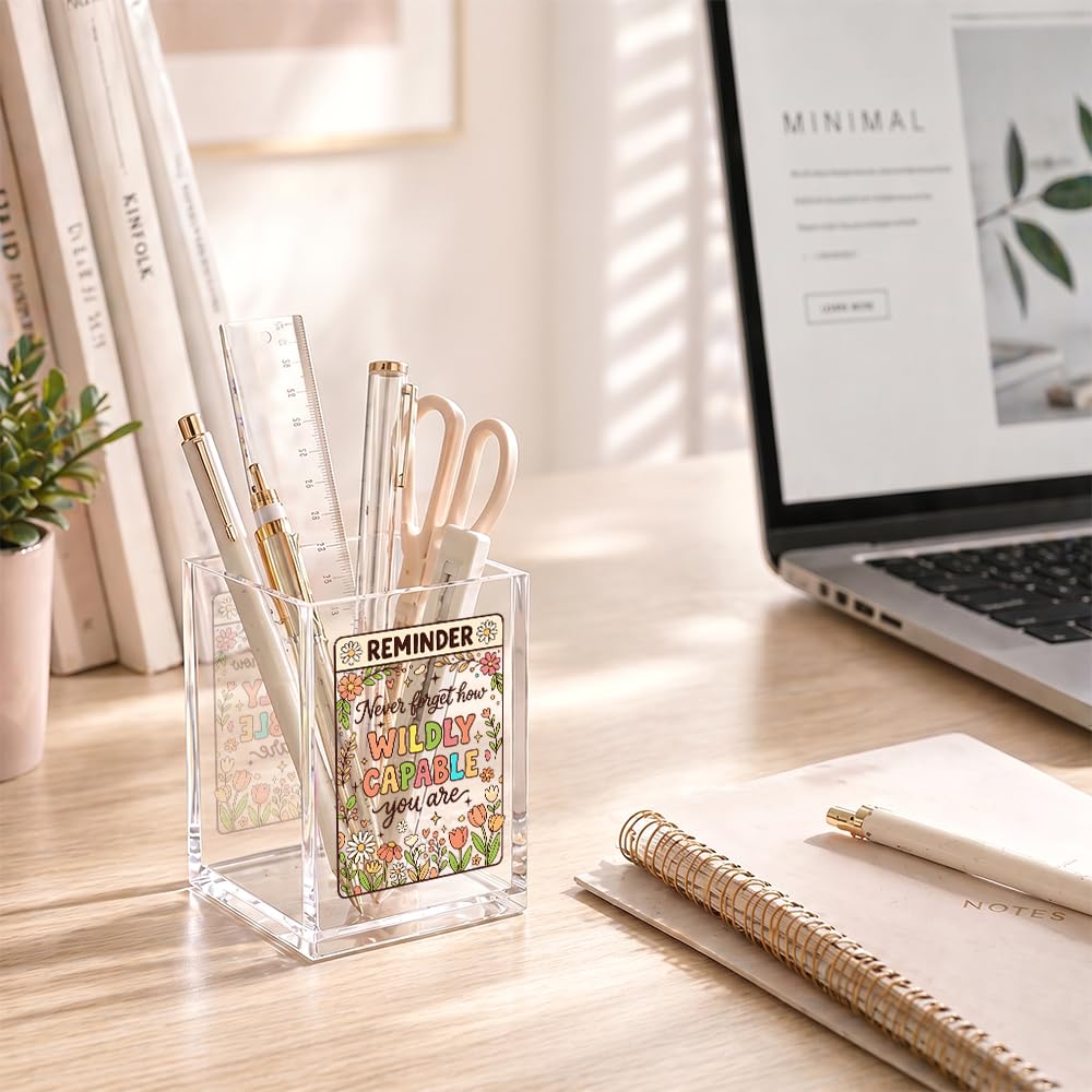Xiahde Reminder Never Forget How Wildly Capable You Are Acrylic Pencil Holder Cup, Inspirational Gifts for Women Coworker Boss Nurse, Motivational Wildflowers Makeup Brush Organizer, Retirement Gifts
