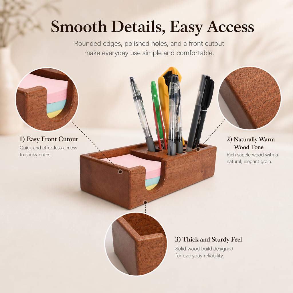 RiLiKar Wood Pencil Holder Pen Display Stand 3x3 Inch Sticky Note Holder