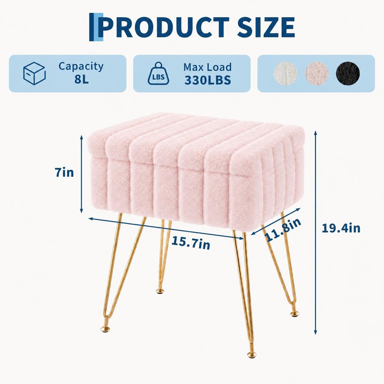 Garvee Vanity Stool with Storage, Faux Fur Ottoman with Metal Legs and Anti-Slip Feet, 15.7 x 11.8 x 18.7 Inches Soft Furry Padded Seat Foot Rest for Makeup Bedroom Living Room