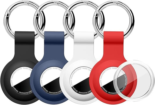 Upgraded for AirTag Holder with Clear Cover Full Coverage Case Keychain for Air Tag, Silicone for Air Tagholder 4 Pack for Apple GPS Tracker Item Tag Finders, Black/White/Blue/Red