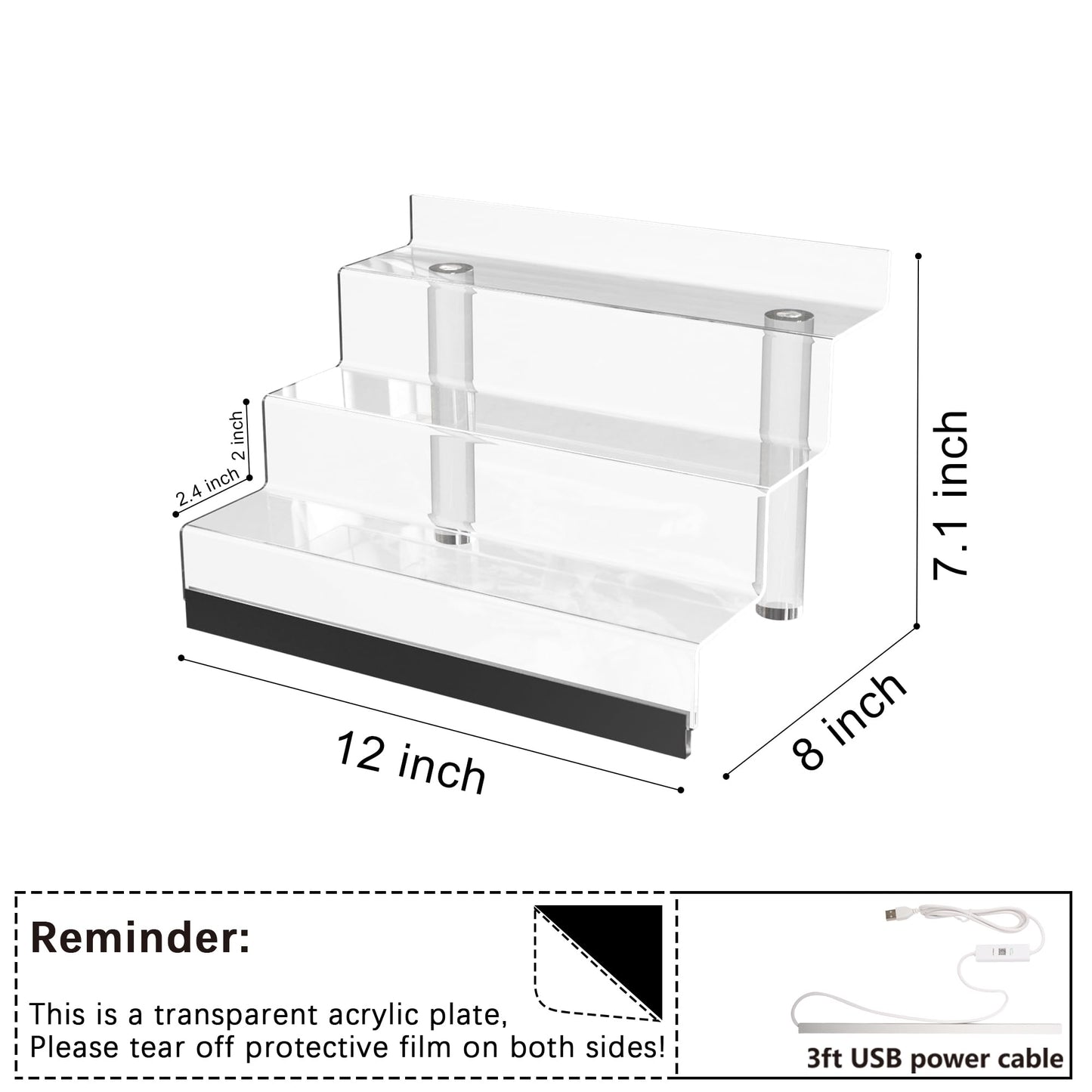 12” Acrylic Display Organizer with LED Light - 3 Tier Perfume Organizer for Women, Cologne Organizer for Men, Figures Stand, Clear Riser, Perfume Stand and Display Step Shelves Holder, 2 Pack Stands