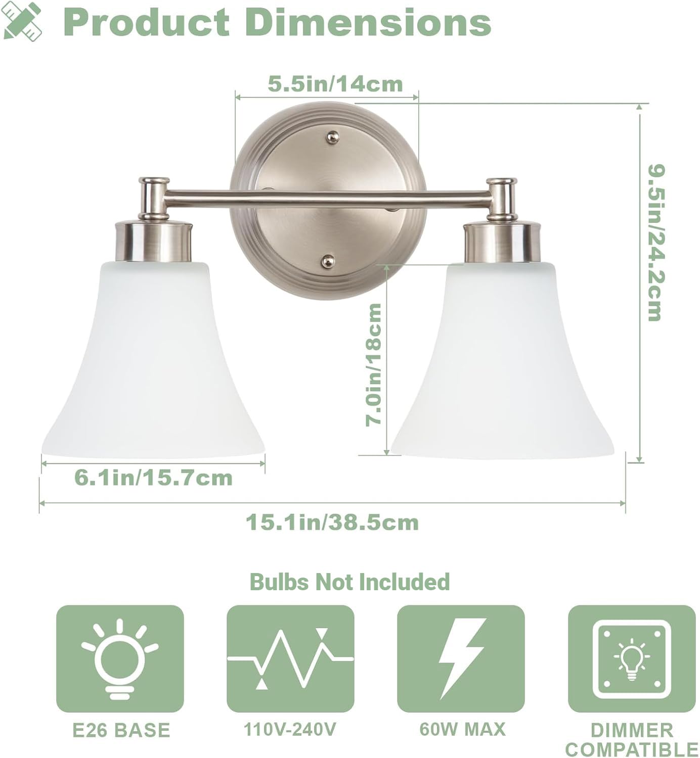 LOUSACE 2 Light Bathroom Vanity Light Brushed Nickel Bathroom Lighting Fixtures Over Mirror with Opal White Frosted Glass, Vintage Traditional Wall Lighting Fixture Satin Nickel Vanity Lights