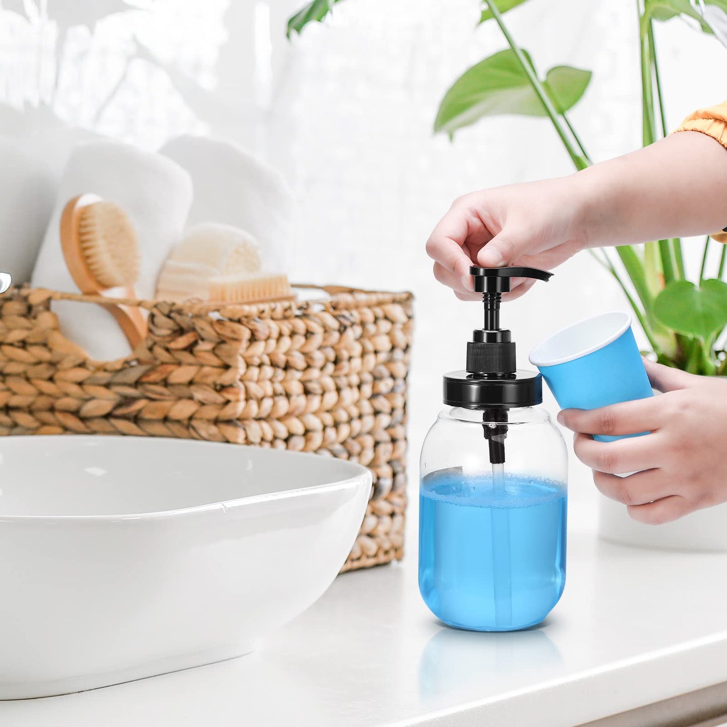 Summark Mouthwash Dispenser for Bathroom,Mouth Wash Pump Bottle with Stainless Steel Cup Holder,24 OZ Refillable Clear Mouthwash Container,BPA Free,Black