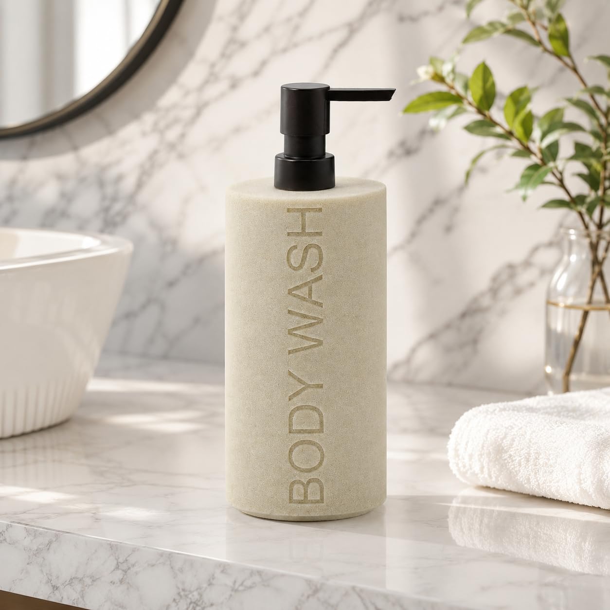 Indecor Home Resin Tan Sandstone Body Wash Engraved Bottle Refillable Pump Dispenser, Durable Waterproof Resin Construction for Bath, Shower - Tan Sandstone, ORB Pump