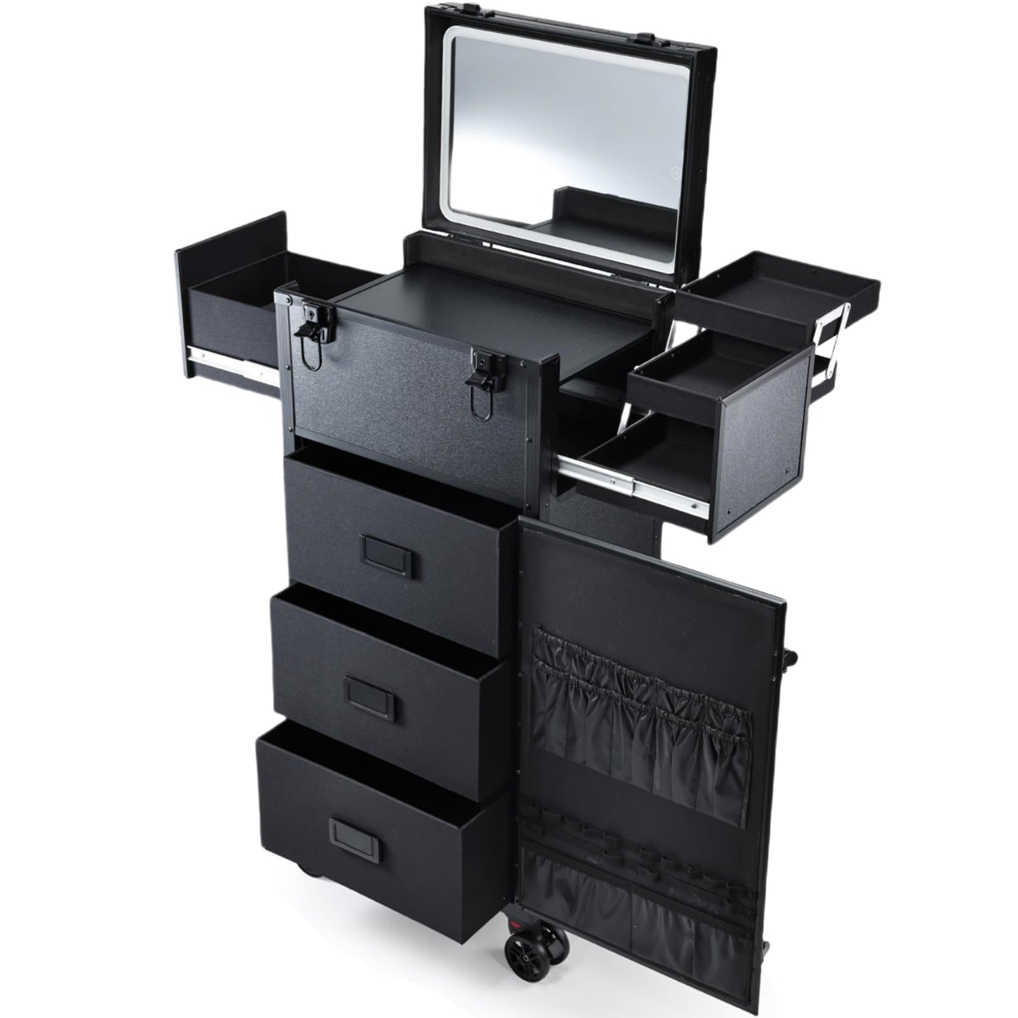 Rolling Makeup Case with LED mirror, Cosmetology Case on Wheels with Lighted Mirror, Professional Salon Trolley Cart with 3 Drawers,Travel Makeup Lockable Beauty Organizer with Live Stream Light