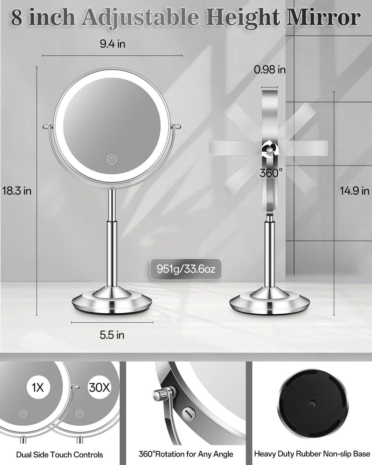vpu Makeup Mirror with Lights, 1X/30X Lighted Magnifying Mirror Height Adjustable, 3000mAh Rechargeable Double Sided Vanity Mirrors with 3 LED Lighting and Adjustable Brightness for Desk Women Gift
