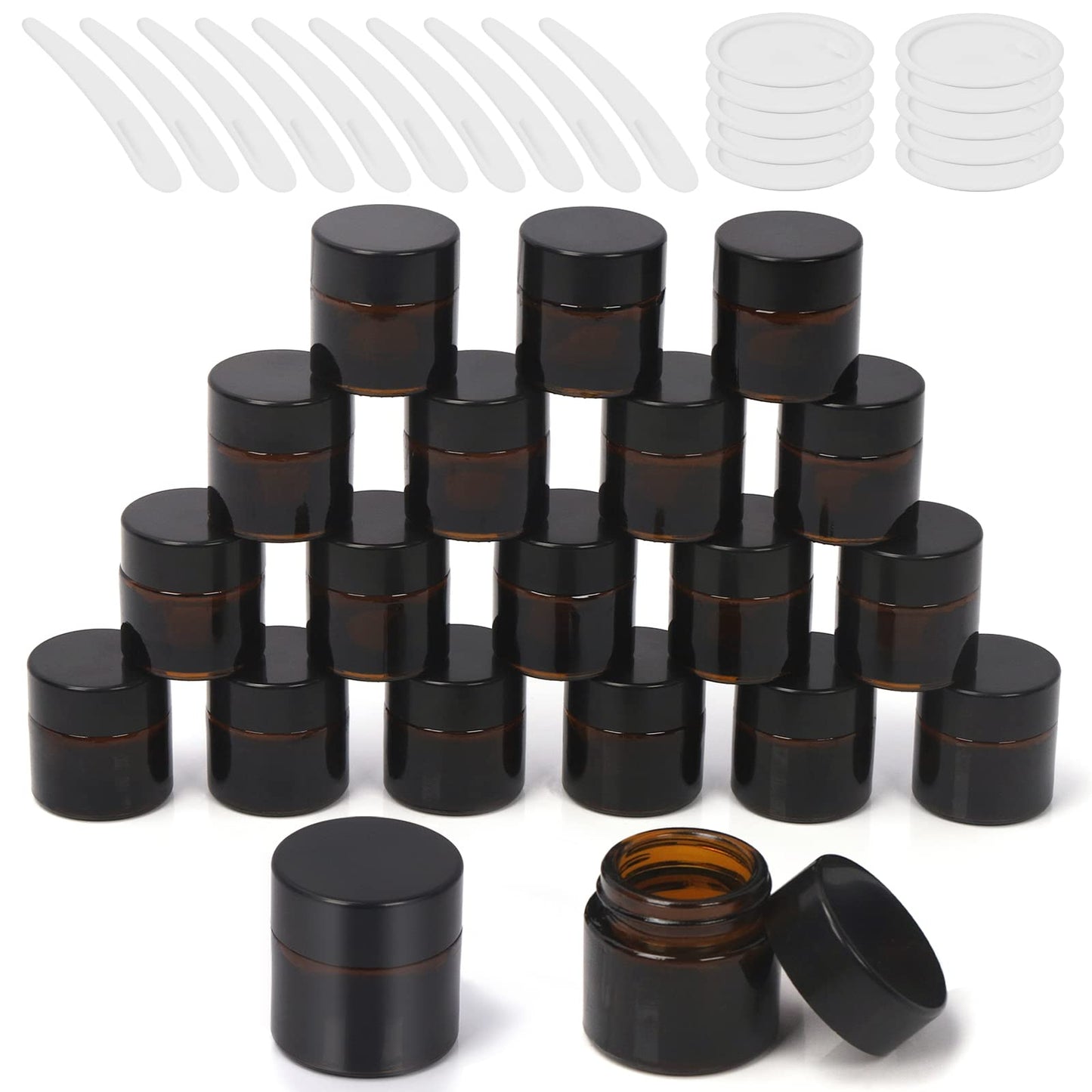 Wokape 20Pcs 10ml Amber Glass Jars with Liner Lids Spatulas, Leak-proof Round Cosmetic Jars for Travel Wear