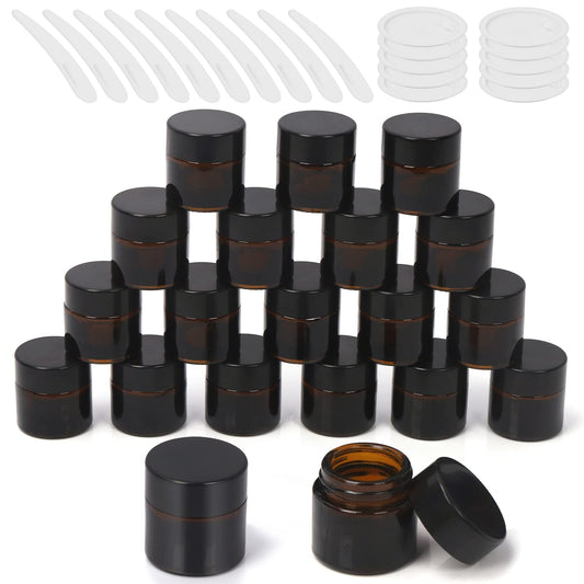 Wokape 20Pcs 10ml Amber Glass Jars with Liner Lids Spatulas, Leak-proof Round Cosmetic Jars for Travel Wear