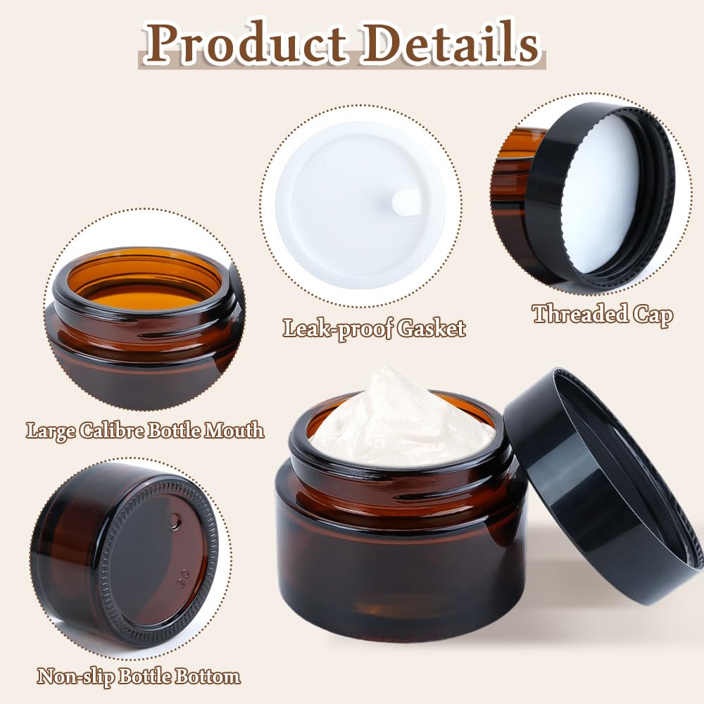 8PCS Amber Glass Jars, 1oz/2oz Cosmetic Containers with Inner Liners and Lids, Empty Round Sample Container with Label, Refillable Travel Jar for Cosmetics, Lotions, Creams