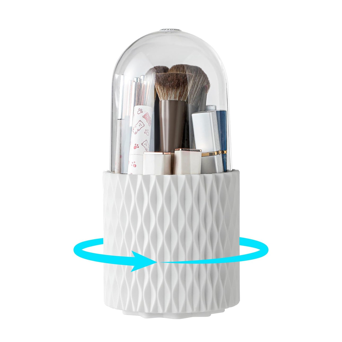 Imakmasion Makeup Brush Holder with Lid, 360° Rotating Dustproof 5-Slot Cosmetic Organizer for Vanity Countertop, Spinning Brush Caddy with Cover for Lipstick, Hair Brush & Art Supply, White