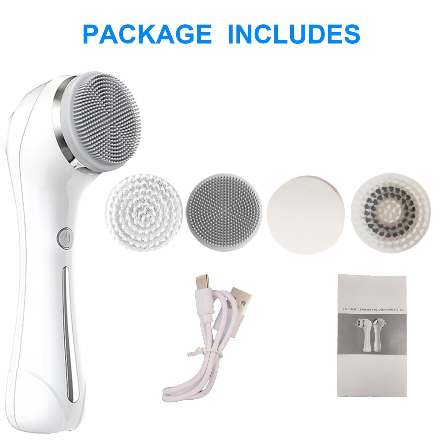 Facial Cleansing Brush, 2 in 1 Ｗaterproof IPx7 Facial Spin Scrubber Set with 4 Brush Heads, Rechargeable Exfoliating Face Brush Deep Cleansing, Gently Exfoliate and Remove Blackhead (White)