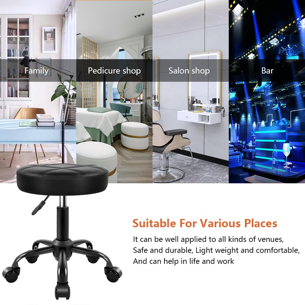 KKTONER Rolling Stool Chair PU Leather Height Adjustable Round Stool with Wheels Chair for Salon Spa Drafting Small (Black)