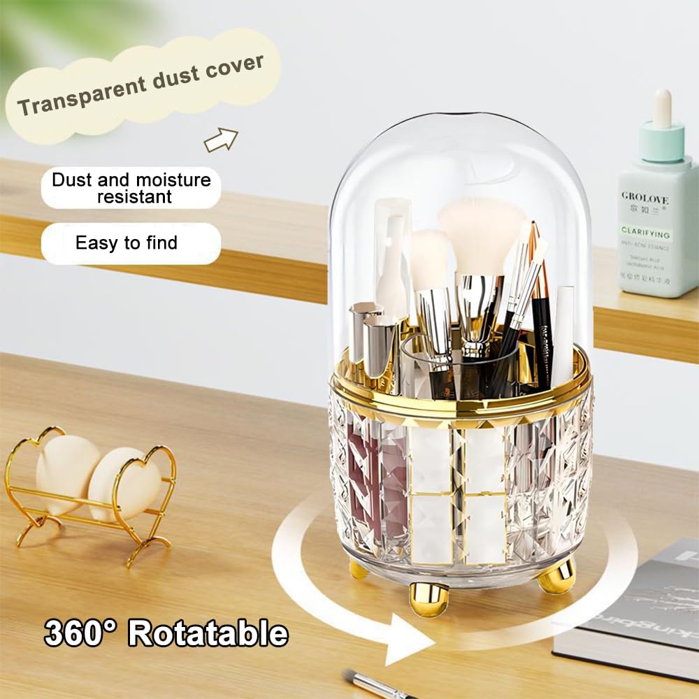 Haiansan Makeup Brush Holder with Dustproof Lid, 360° Rotating Makeup Organizer, Spinning Cosmetic Organizer Pen Holder for Vanity Bathroom (Clear Gold)