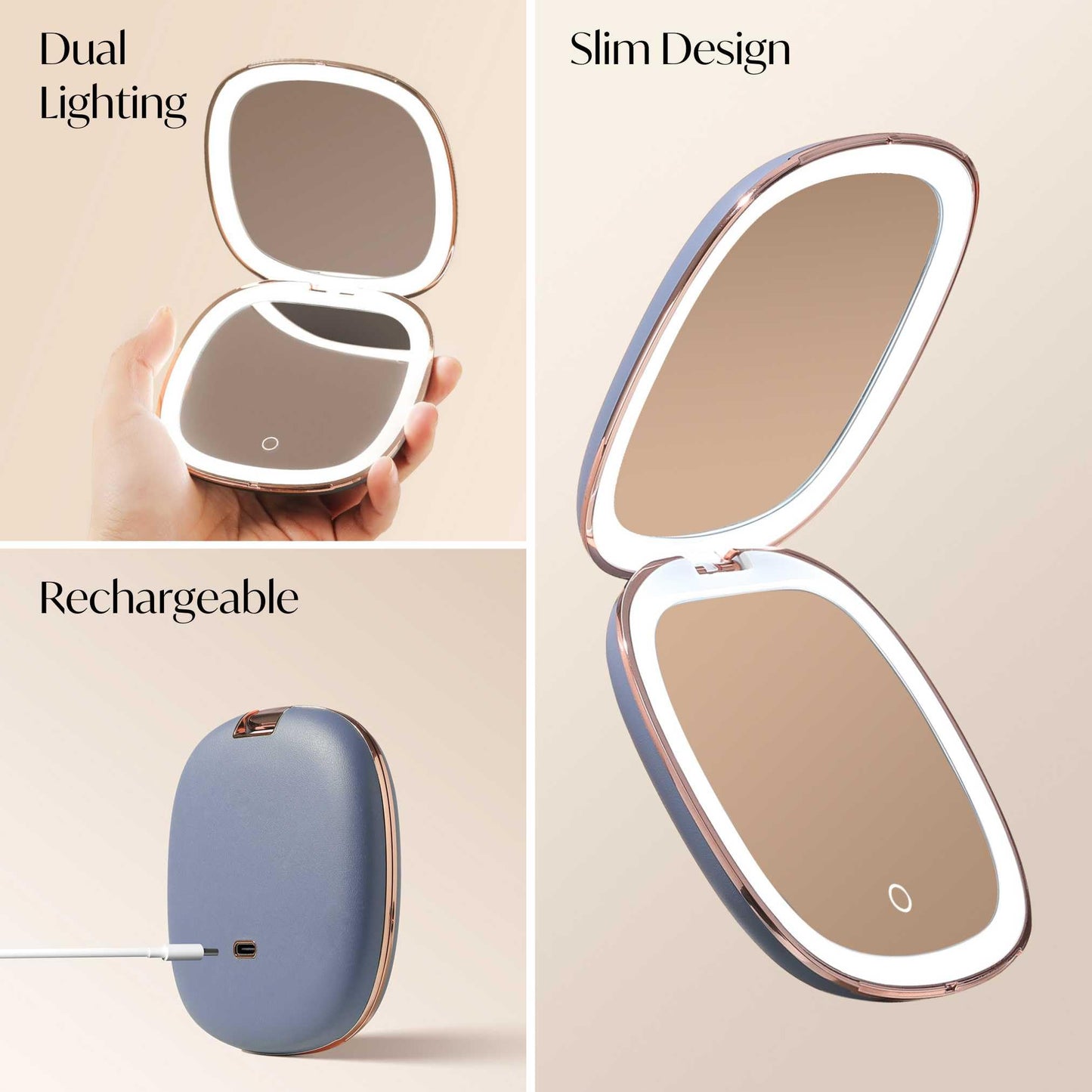 Fancii Mila 2 LED Lighted Compact Makeup Mirror, Rechargeable, 10x /1x Magnifying, Tru-Glow Light System, Vegan Leather, Small Travel Mirror for Purses (Harbor Blue)