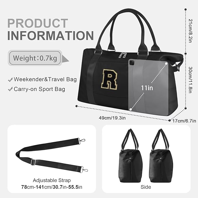 Dance Gym Duffel Bag for Teen Girls, Personalized Initial Travel Weekender Bag,Cute Overnight Carry On Duffle for Women,Sports Travel Cheer Bag,Monogram Christmas Gifts for Tween Preppy(black-R)