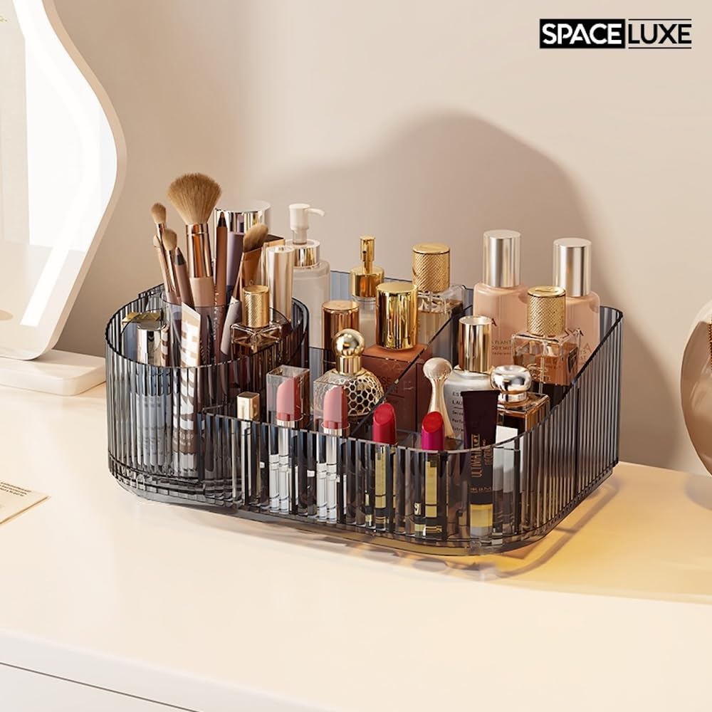 SpaceLuxe Makeup Organizer with Drawers and 360° Rotating Brush Holder, Large Capacity Cosmetic Storage for Vanity, Skincare, Perfume, Hair Accessories, Lipstick & Jewelry (Transparent Gray, 3-layer)
